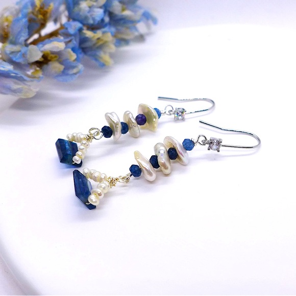 Natural Kyanite & Baroque Pearl Earrings,White Gold Filled Zircon Hook Earrings - Picture 4 of 5